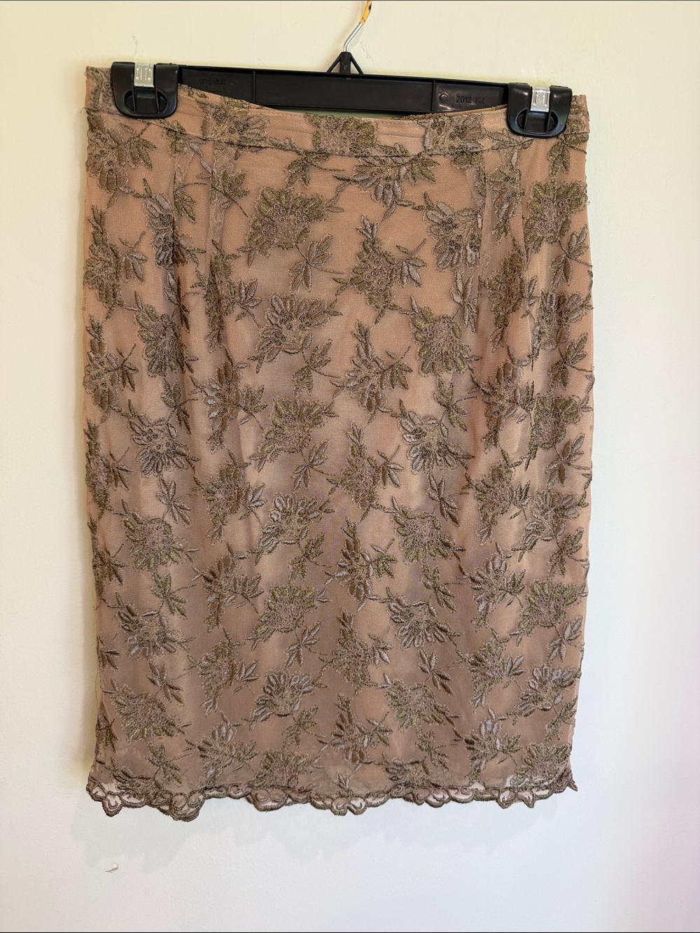 Vintage San Andre Taupe Lace Pencil Skirt w/Beautiful Trim, 8 (runs small)